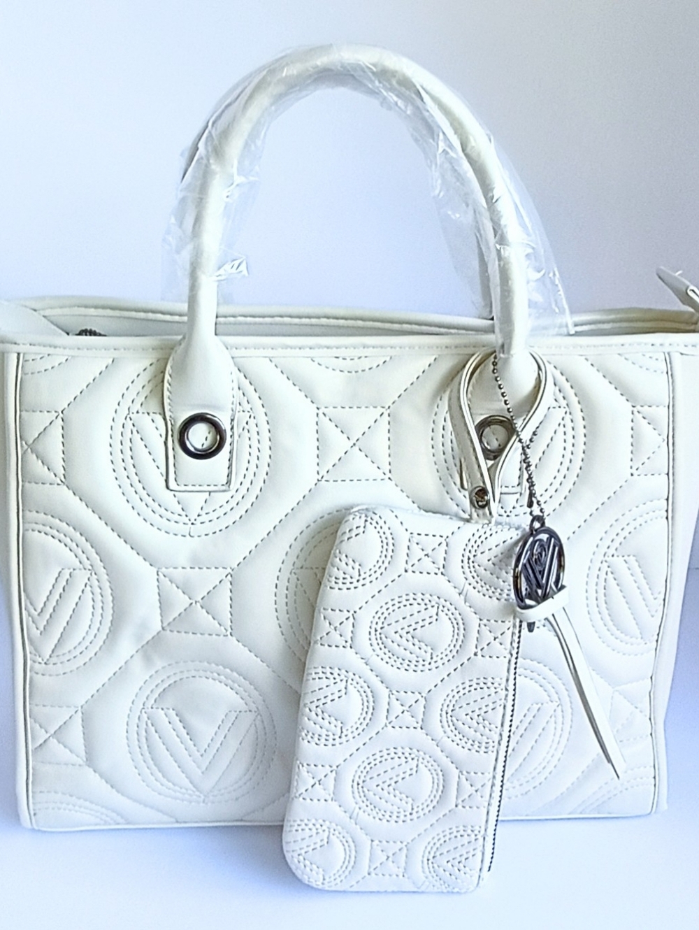 Valentino Orlandi Large White Quilted Tote Bag w/ Wallet & Strap NWT